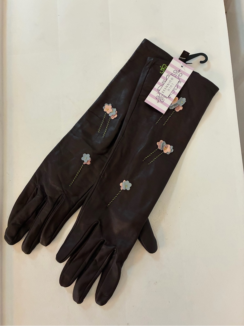 NWT Lulu Guinness Brown Leather Gloves Silk Lined Floral Flower Applique XL